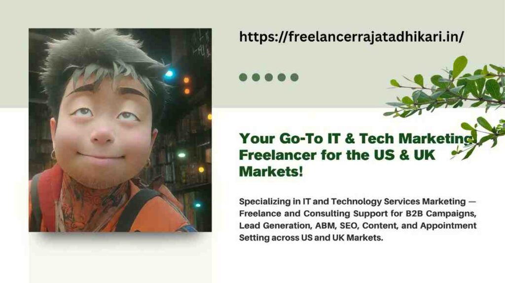 IT and Technology Services Marketing Freelancer and Consultant offering B2B campaign support, lead generation, SEO, ABM, and appointment setting for US and UK markets.