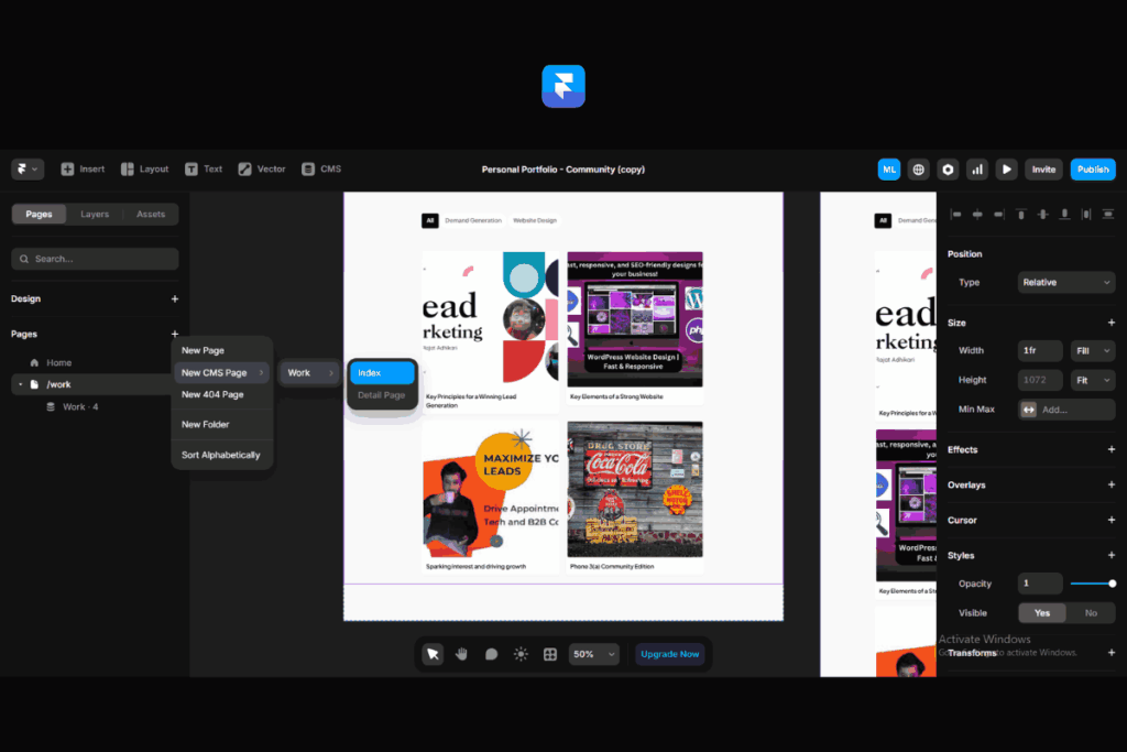 Framer CMS index page layout showing dynamic blog post previews with titles and images