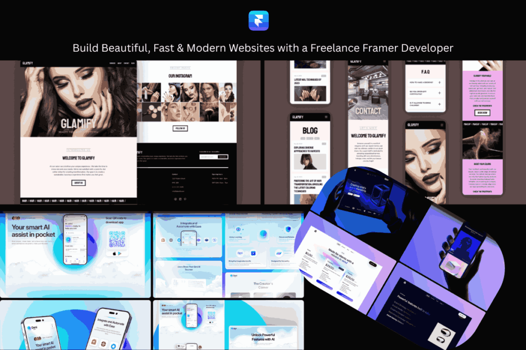 Freelance Framer Developer designing a modern startup website on laptop
