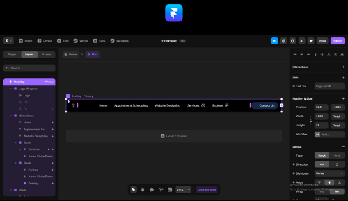 Responsive menu design in Framer showing adaptive navigation layout across desktop, tablet, and mobile screens.