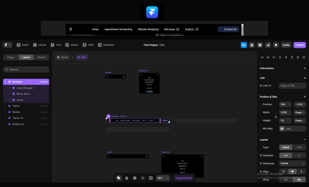 Responsive menu design in Framer with adaptive navigation and mobile-friendly multi-breakpoint navbar.