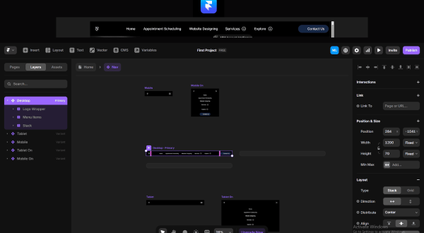 Responsive menu design in Framer with adaptive navigation and mobile-friendly multi-breakpoint navbar.